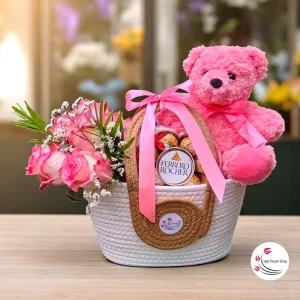 Hand bag bundles of premium roses, chocolates and stuffed toy