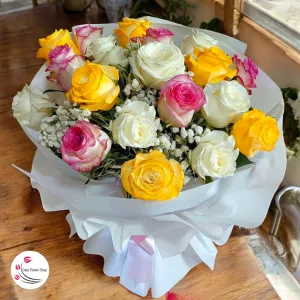Round Bouquet of premium roses pink, white, yellow